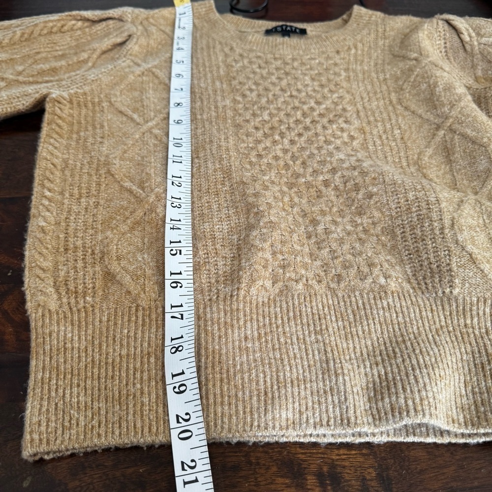 1. State Variegated Cable Crew-Neck Puff Sleeve Fisherman Brown Sweater Sz XS - Picture 8 of 9